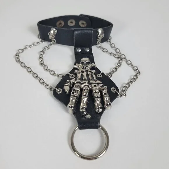 Black Faux Leather Silver Tone Skeleton Hand Slave Bracelet Punk Halloween Goth - Picture 1 of 9